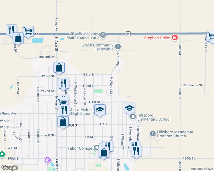 map of restaurants, bars, coffee shops, grocery stores, and more near 551 East 2nd Street in Hillsboro