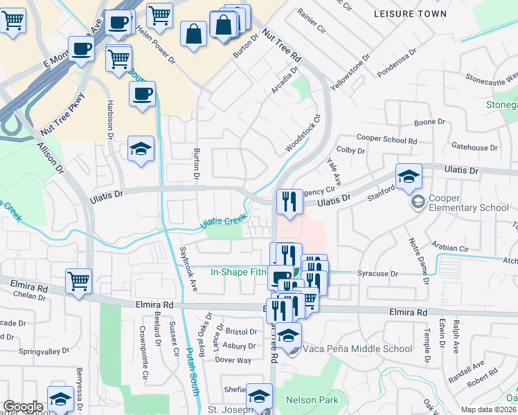 map of restaurants, bars, coffee shops, grocery stores, and more near 200 Coulter Way in Vacaville