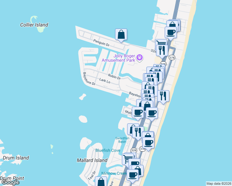map of restaurants, bars, coffee shops, grocery stores, and more near 401 Bayshore Drive in Ocean City