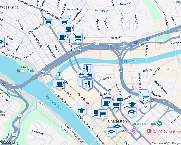 map of restaurants, bars, coffee shops, grocery stores, and more near 400 Clendenin Street in Charleston