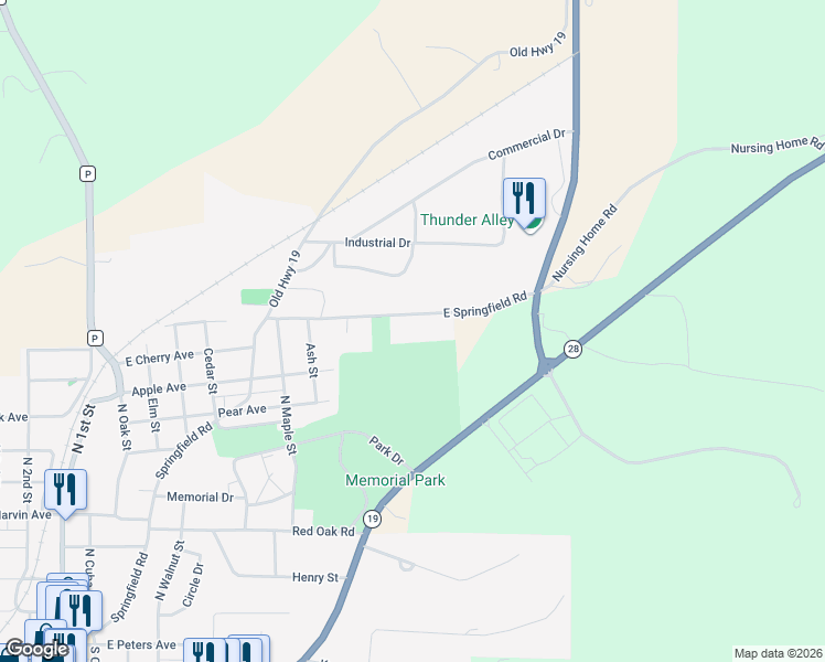map of restaurants, bars, coffee shops, grocery stores, and more near 1023 East Springfield Road in Owensville