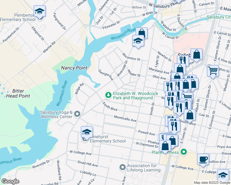 map of restaurants, bars, coffee shops, grocery stores, and more near 437 Virginia Avenue in Salisbury