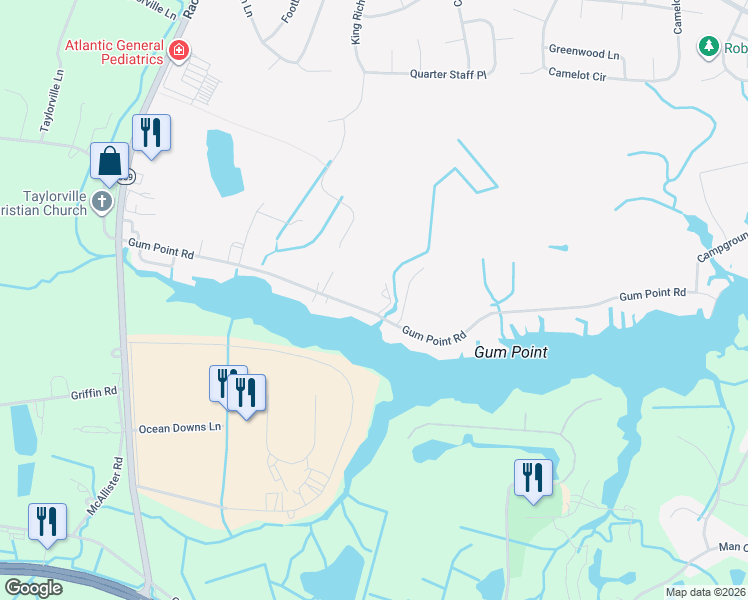 map of restaurants, bars, coffee shops, grocery stores, and more near 11445 Gum Point Road in Ocean Pines
