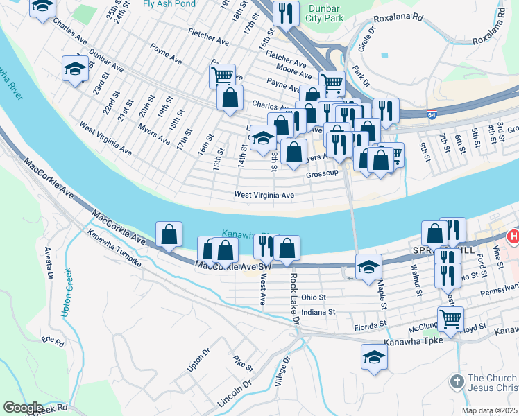map of restaurants, bars, coffee shops, grocery stores, and more near 1310 Kanawha Avenue in Dunbar