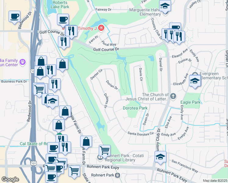 map of restaurants, bars, coffee shops, grocery stores, and more near 5743 Dallas Court in Rohnert Park