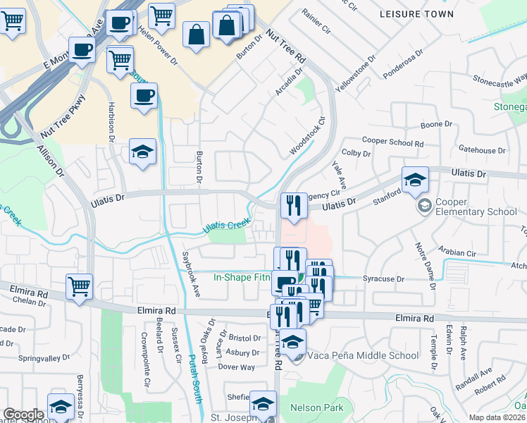map of restaurants, bars, coffee shops, grocery stores, and more near 200 Coulter Way in Vacaville