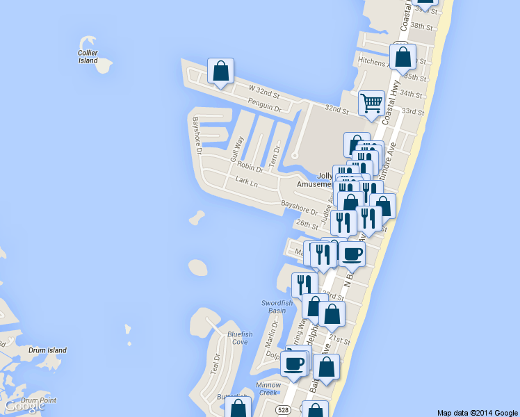 map of restaurants, bars, coffee shops, grocery stores, and more near 409 Bayshore Dr in Ocean City