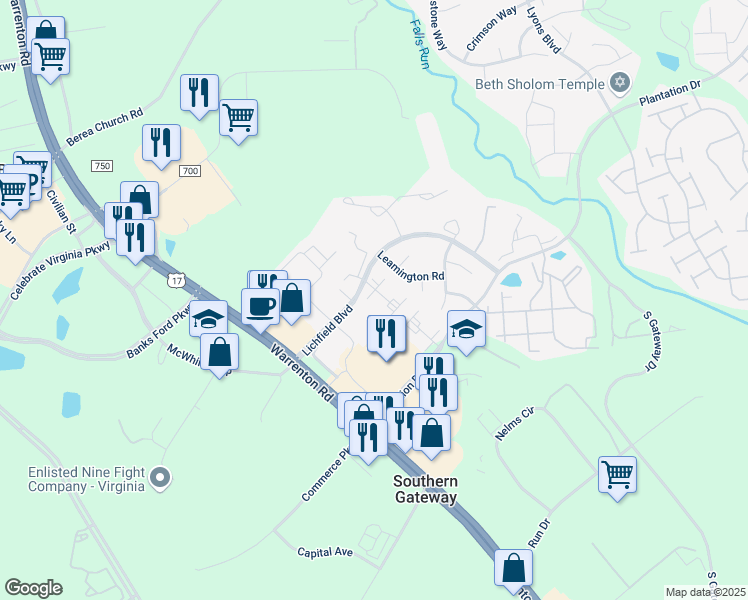 map of restaurants, bars, coffee shops, grocery stores, and more near 204 Falkirk Court in Fredericksburg