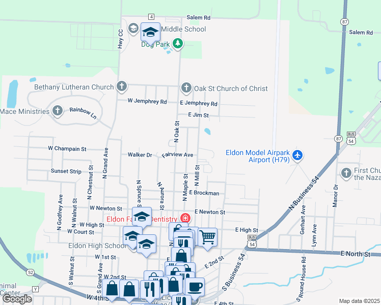 map of restaurants, bars, coffee shops, grocery stores, and more near 301 Fairview Avenue in Eldon