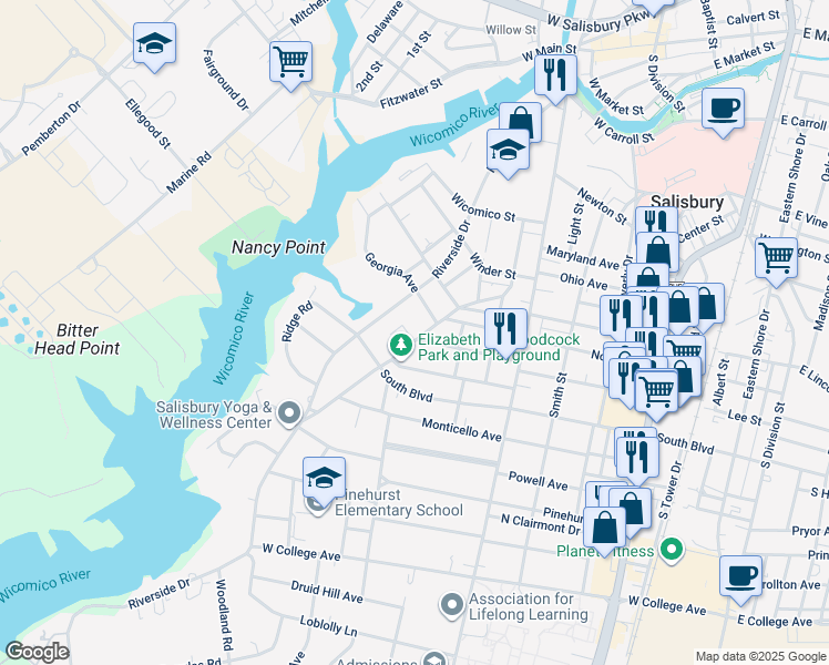 map of restaurants, bars, coffee shops, grocery stores, and more near 712 Riverside Road in Salisbury