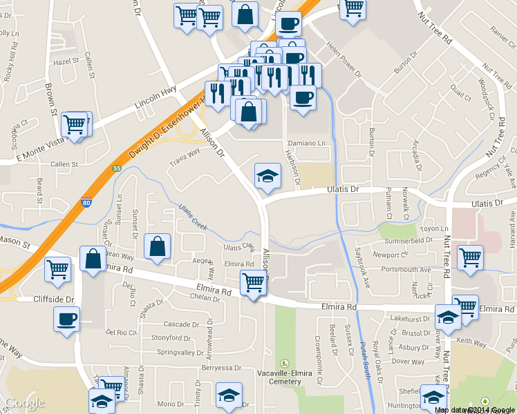 map of restaurants, bars, coffee shops, grocery stores, and more near 1200 Allison Drive in Vacaville
