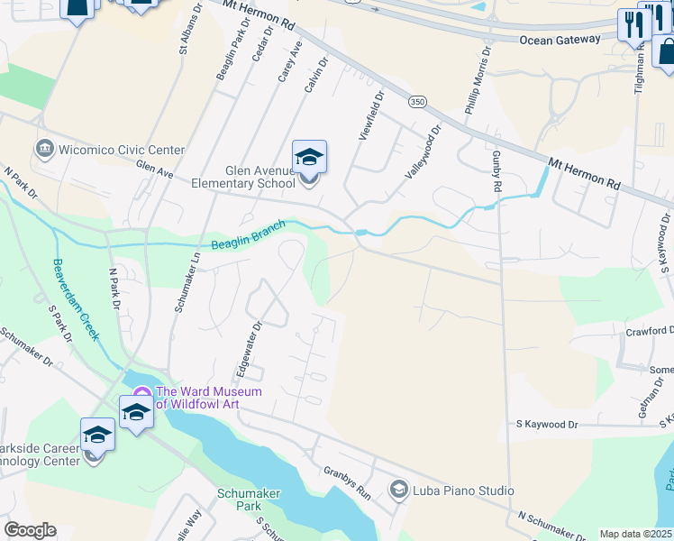 map of restaurants, bars, coffee shops, grocery stores, and more near 509 Edgewater Drive in Salisbury