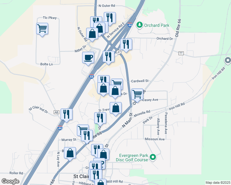 map of restaurants, bars, coffee shops, grocery stores, and more near 1020 Plaza Court South in Saint Clair