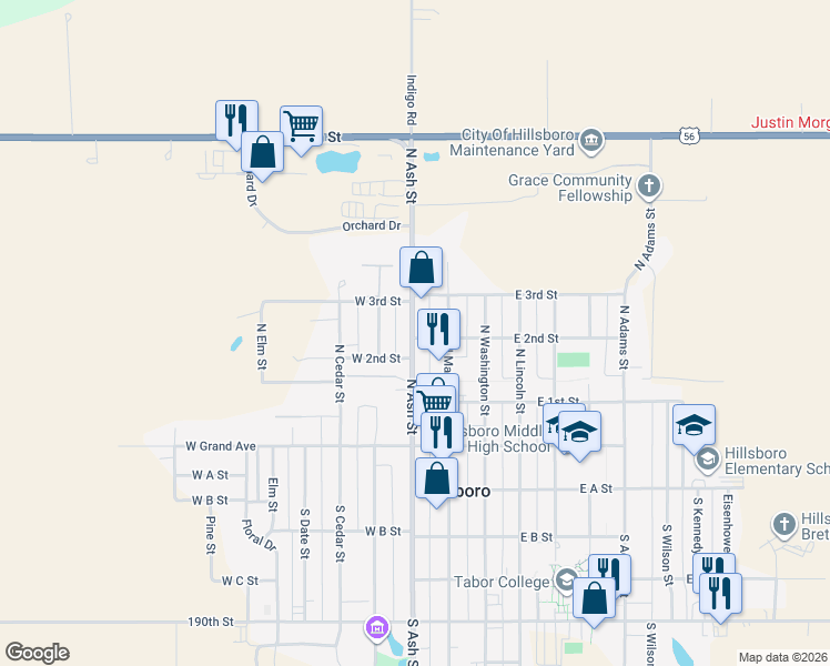 map of restaurants, bars, coffee shops, grocery stores, and more near 153 West 2nd Street in Hillsboro