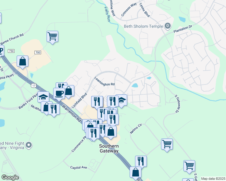 map of restaurants, bars, coffee shops, grocery stores, and more near 16 Banbury Court in Fredericksburg