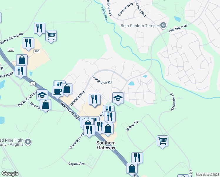 map of restaurants, bars, coffee shops, grocery stores, and more near 16 Banbury Court in Fredericksburg