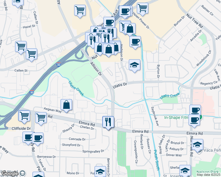 map of restaurants, bars, coffee shops, grocery stores, and more near 1200 Allison Drive in Vacaville