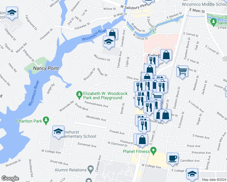map of restaurants, bars, coffee shops, grocery stores, and more near 719 Camden Avenue in Salisbury