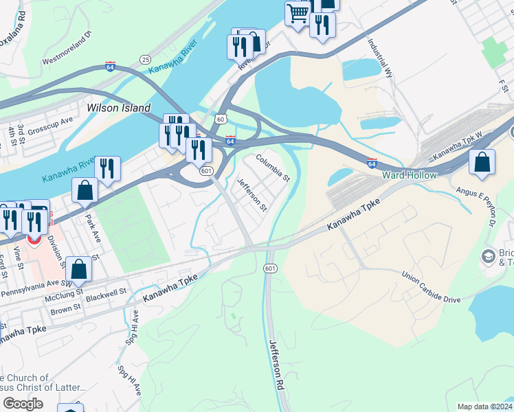 map of restaurants, bars, coffee shops, grocery stores, and more near 711 Jefferson Street in Charleston