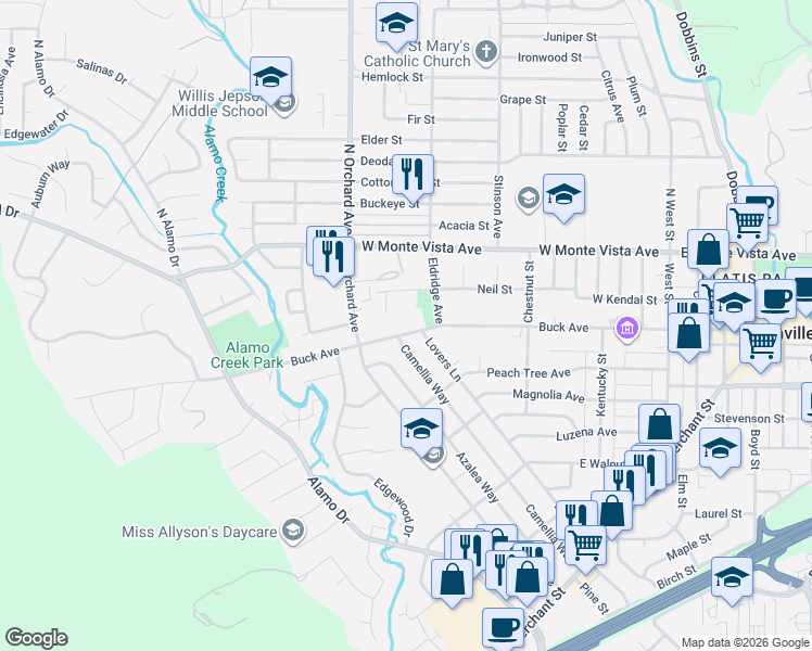 map of restaurants, bars, coffee shops, grocery stores, and more near 410 Buck Avenue in Vacaville