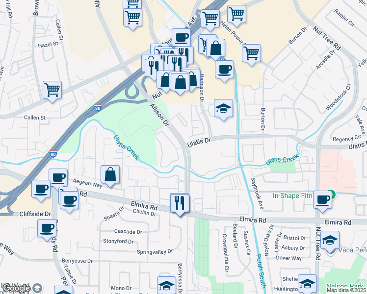 map of restaurants, bars, coffee shops, grocery stores, and more near 1200 Allison Drive in Vacaville