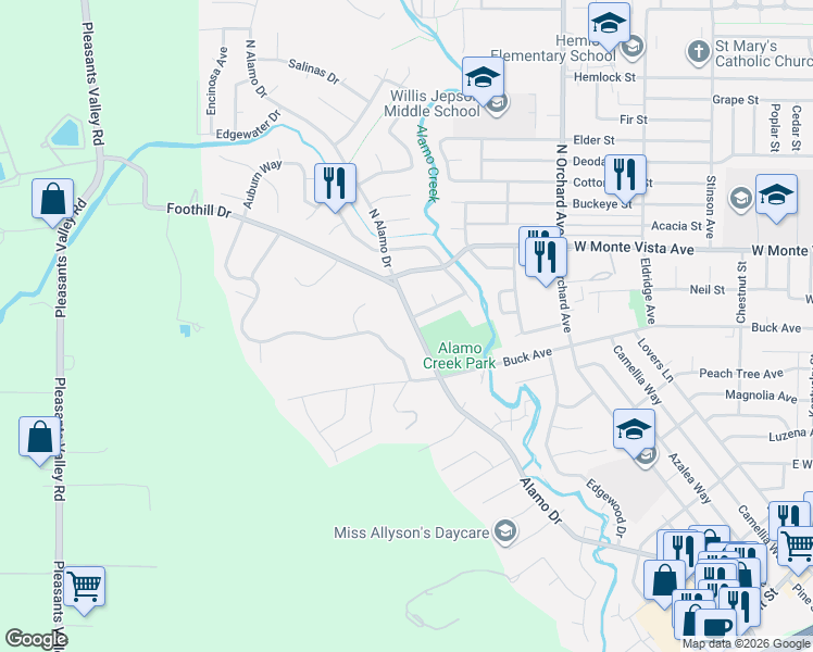 map of restaurants, bars, coffee shops, grocery stores, and more near 100 Wykoff Drive in Vacaville