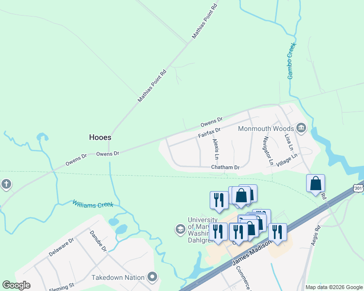 map of restaurants, bars, coffee shops, grocery stores, and more near 16712 Fairfax Drive in King George