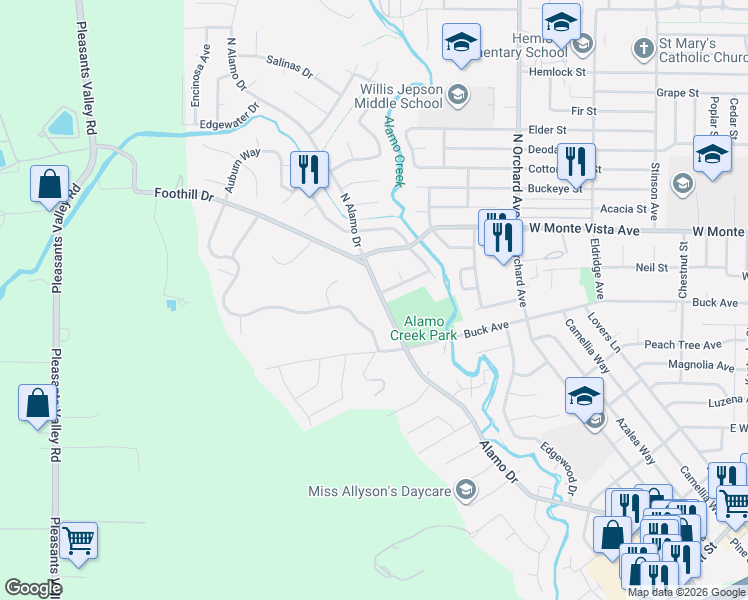 map of restaurants, bars, coffee shops, grocery stores, and more near 100 Wykoff Drive in Vacaville