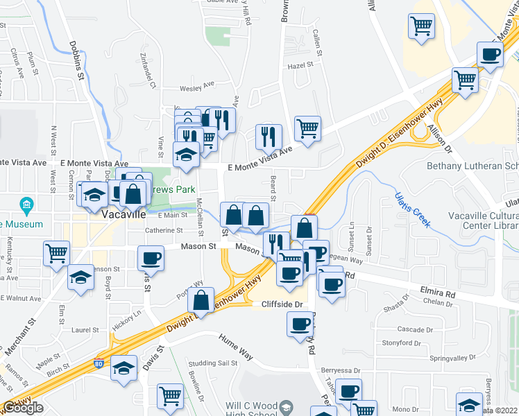 map of restaurants, bars, coffee shops, grocery stores, and more near 119 Silvey Acres Drive in Vacaville