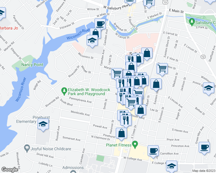 map of restaurants, bars, coffee shops, grocery stores, and more near 716 Smith Street in Salisbury