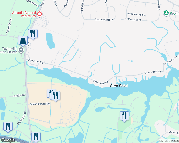 map of restaurants, bars, coffee shops, grocery stores, and more near 11445 Gum Point Road in Ocean Pines