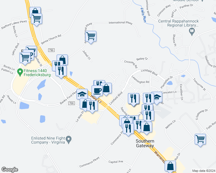 map of restaurants, bars, coffee shops, grocery stores, and more near Green Tree Road in Fredericksburg