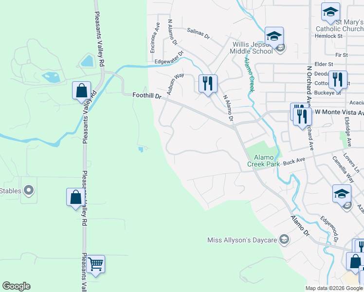 map of restaurants, bars, coffee shops, grocery stores, and more near 160 Wykoff Drive in Vacaville