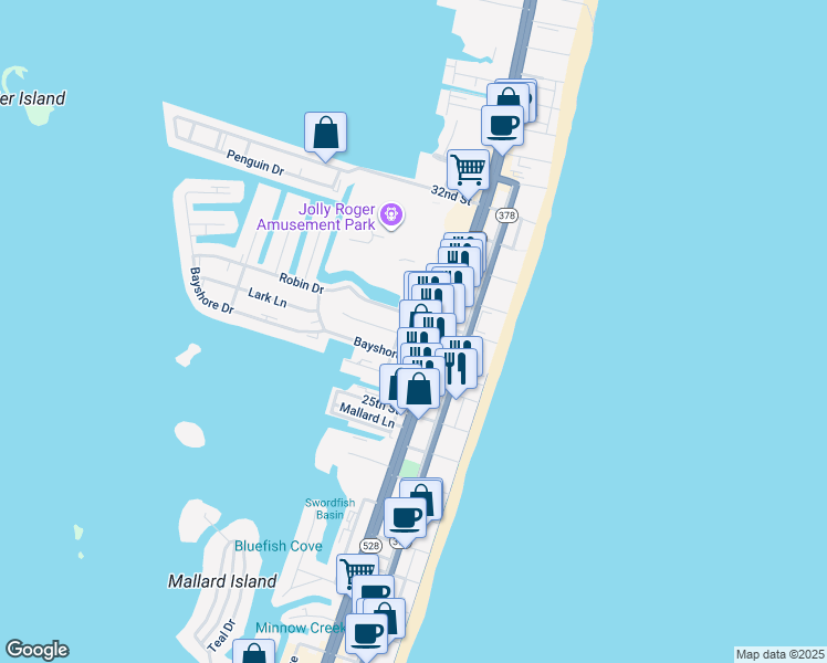 map of restaurants, bars, coffee shops, grocery stores, and more near 211 Sunset Drive in Ocean City