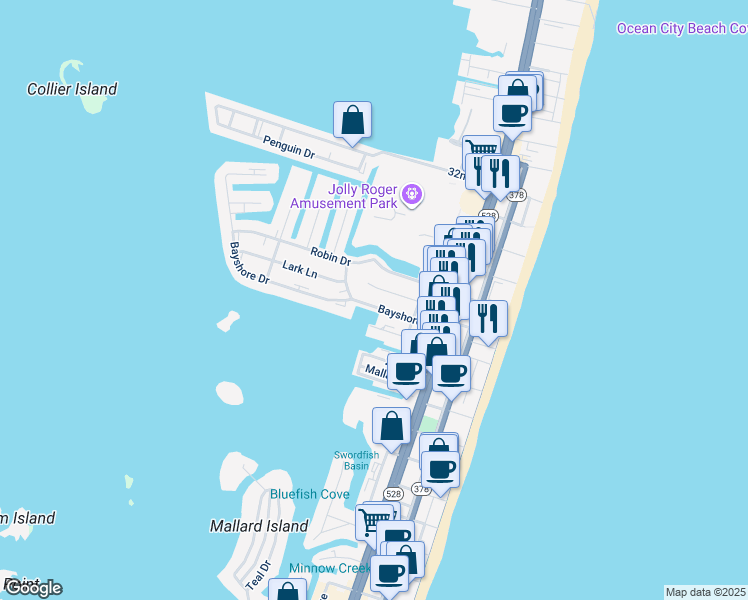 map of restaurants, bars, coffee shops, grocery stores, and more near 311 Bayshore Drive in Ocean City