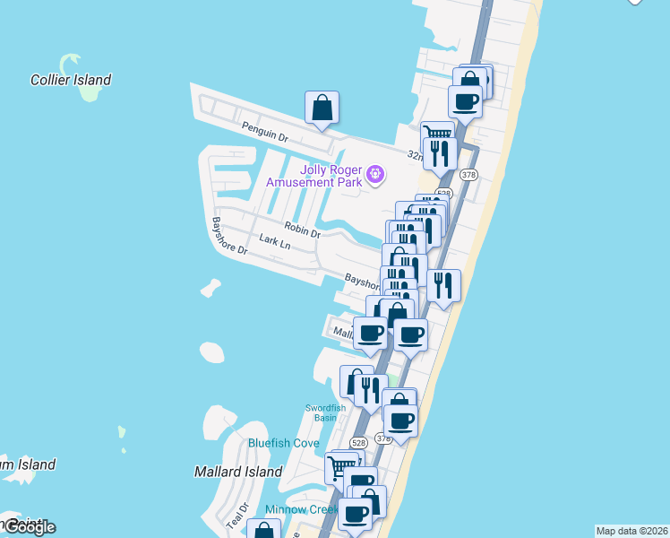 map of restaurants, bars, coffee shops, grocery stores, and more near 401 Bayshore Drive in Ocean City