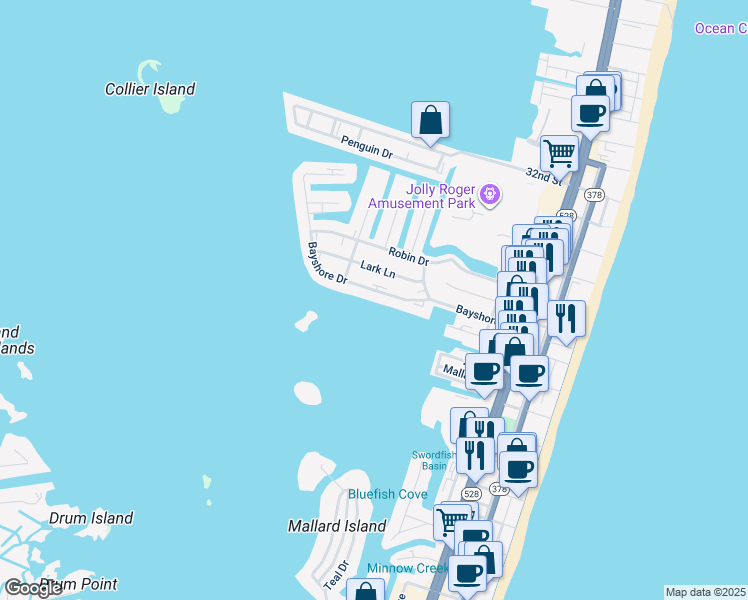 map of restaurants, bars, coffee shops, grocery stores, and more near 419 Bayshore Drive in Ocean City