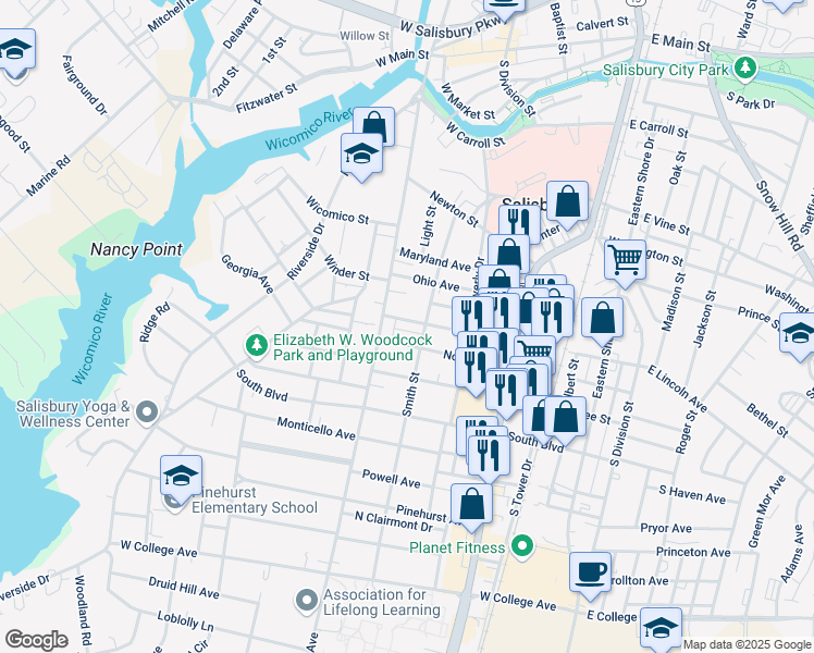 map of restaurants, bars, coffee shops, grocery stores, and more near 308 Hazel Avenue in Salisbury