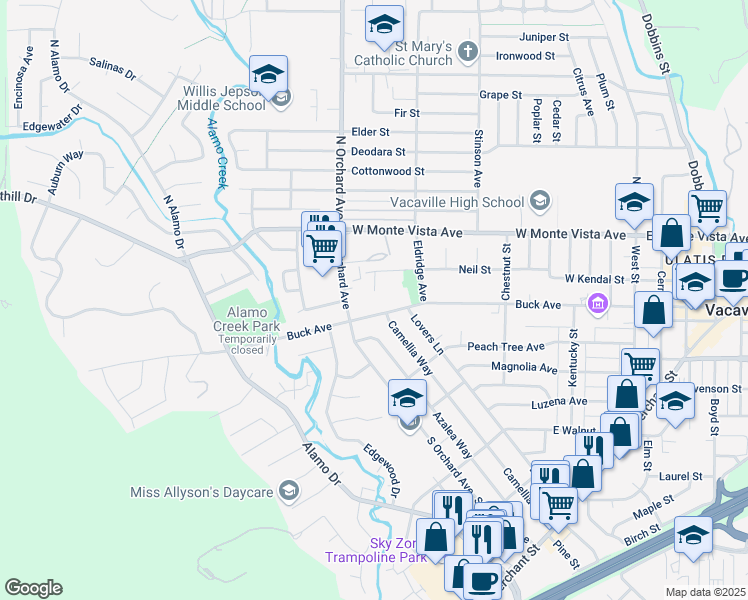 map of restaurants, bars, coffee shops, grocery stores, and more near 477 Morales Court in Vacaville