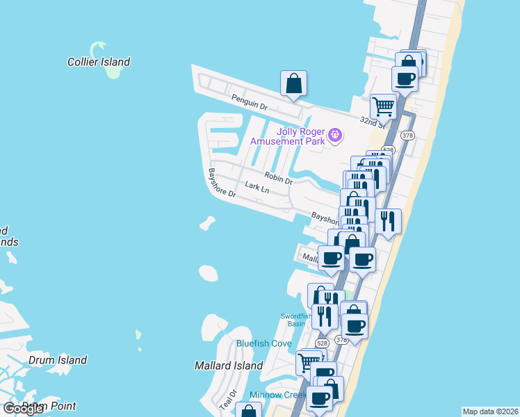 map of restaurants, bars, coffee shops, grocery stores, and more near 409 Bayshore Drive in Ocean City