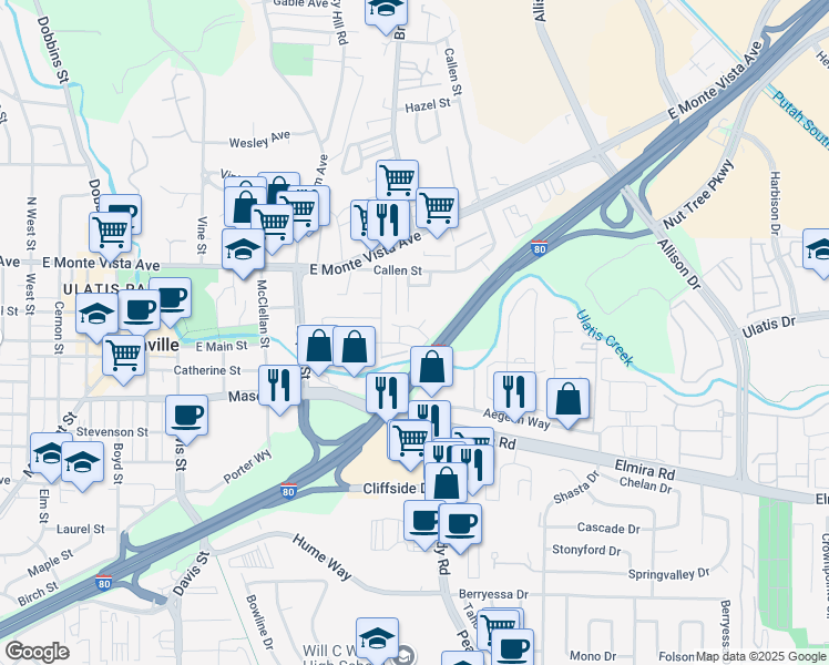 map of restaurants, bars, coffee shops, grocery stores, and more near 549 Chaparral Loop in Vacaville