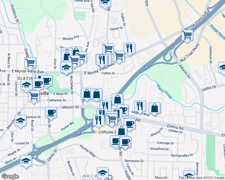 map of restaurants, bars, coffee shops, grocery stores, and more near 549 Chaparral Loop in Vacaville