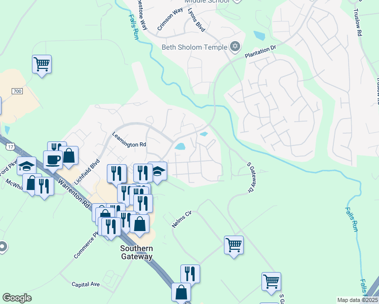 map of restaurants, bars, coffee shops, grocery stores, and more near 101 Knights Court in Fredericksburg