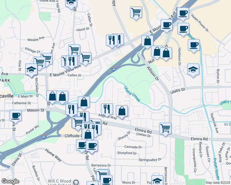 map of restaurants, bars, coffee shops, grocery stores, and more near 2 Sunset Drive in Vacaville