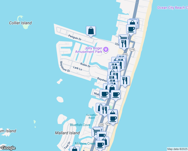 map of restaurants, bars, coffee shops, grocery stores, and more near 322 Bayshore Drive in Ocean City