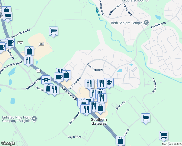 map of restaurants, bars, coffee shops, grocery stores, and more near 309 Falkirk Court in Fredericksburg