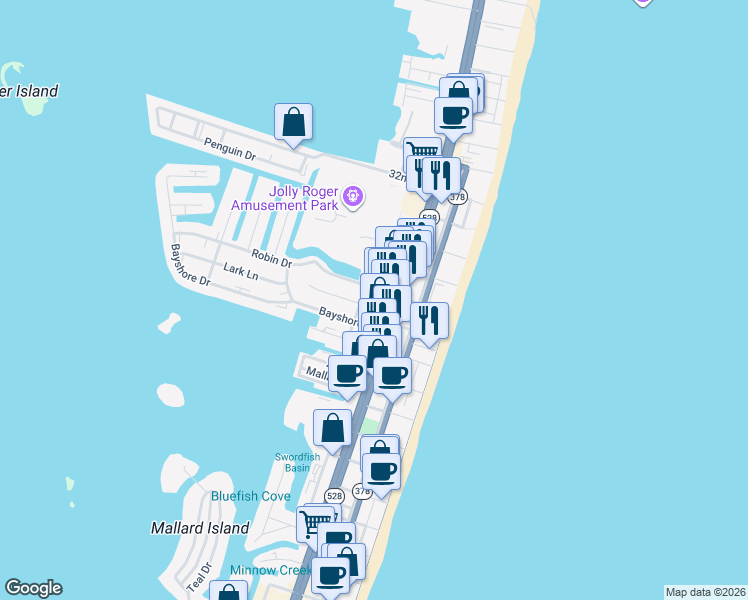 map of restaurants, bars, coffee shops, grocery stores, and more near 211 Sunset Drive in Ocean City