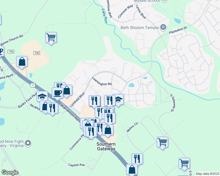 map of restaurants, bars, coffee shops, grocery stores, and more near 14 Banbury Court in Fredericksburg