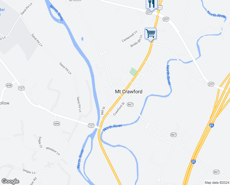 map of restaurants, bars, coffee shops, grocery stores, and more near 111 Mill Street in Mount Crawford