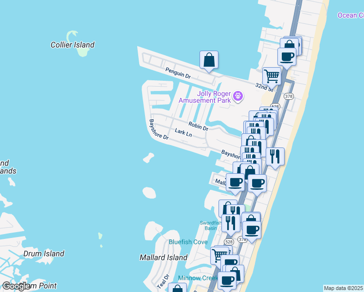 map of restaurants, bars, coffee shops, grocery stores, and more near 419 Bayshore Drive in Ocean City